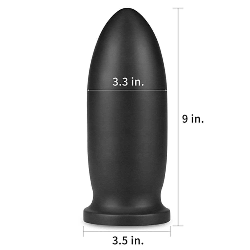 9 King Sized Anal Bomber svart PVC analtoy från Chambers of Love med måttangivelser – 23 cm längd, 8,5 cm diameter, 8,9 cm basbredd, 961 gram vikt
