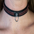  BDSM läderhalsband strass 2-rad smalt fodrat röd 45 cm från Chambers of Love