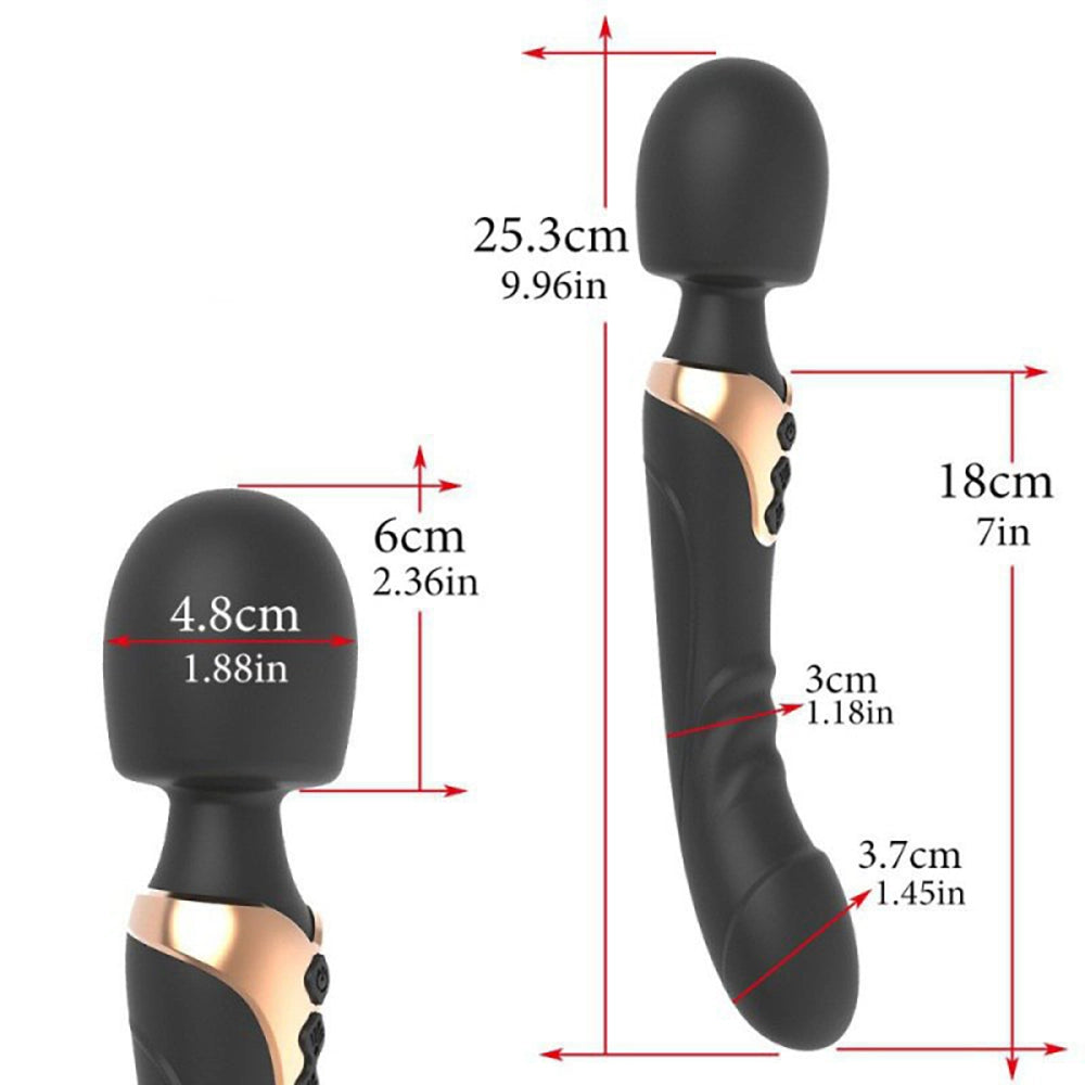 Dubbelsidig AV Wand G-Punkt Vibrator Svart Guld – måttangivelse och storleksguide på dubbelsidig stimulator från Chambers of Love