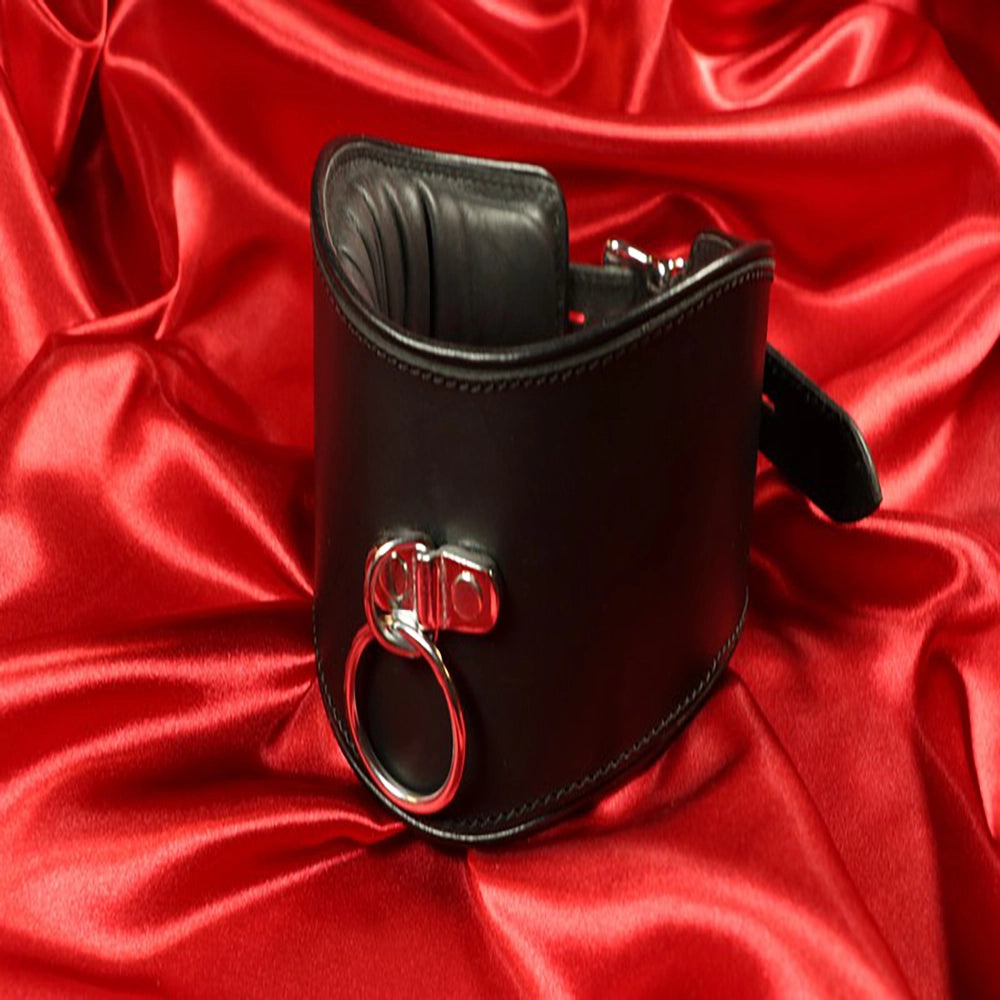 BDSM posture läderhalskrage o-ring svart kant framifrån produktbild från Chambers of Love