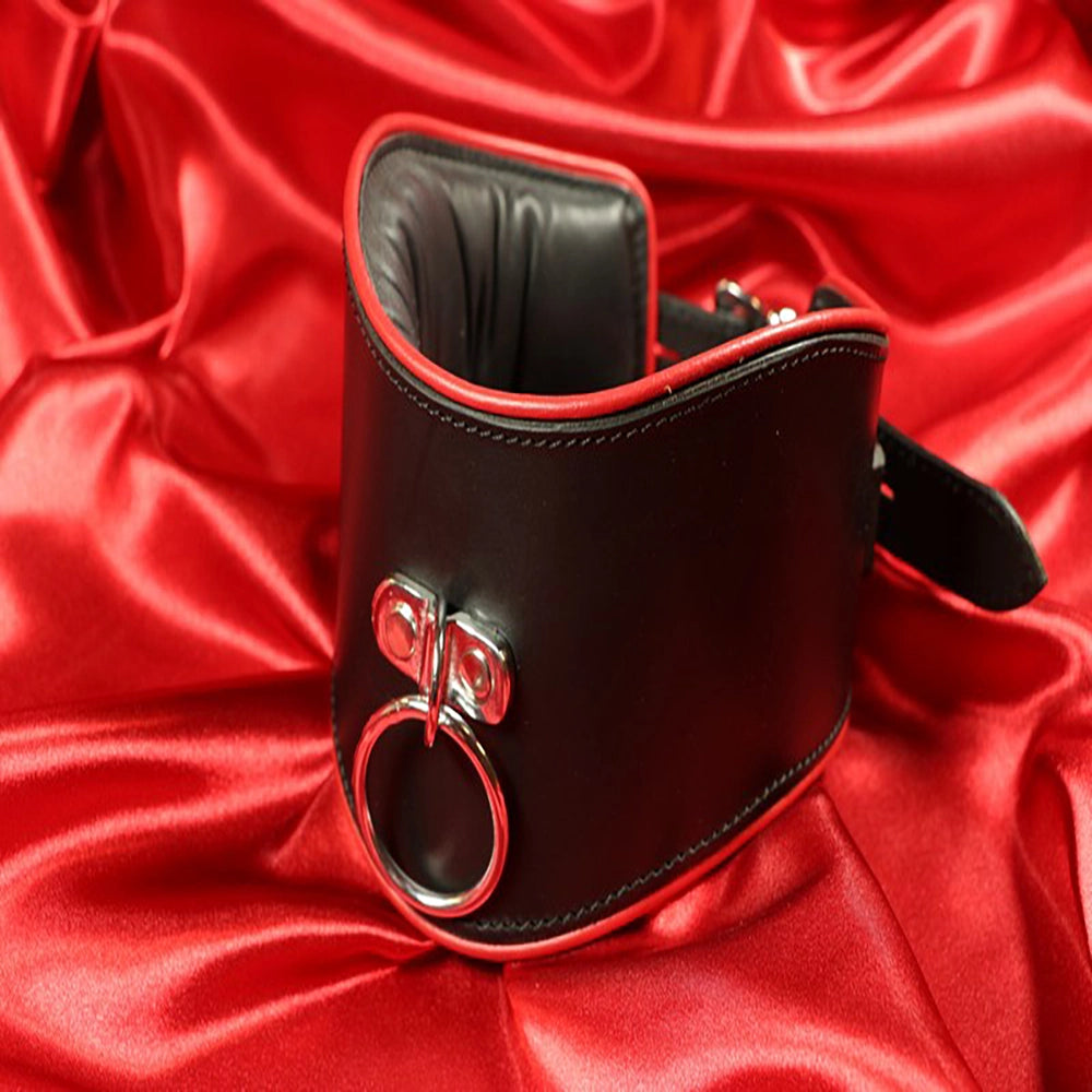 BDSM posture läderhalskrage o-ring röd kant framifrån produktbild från Chambers of Love