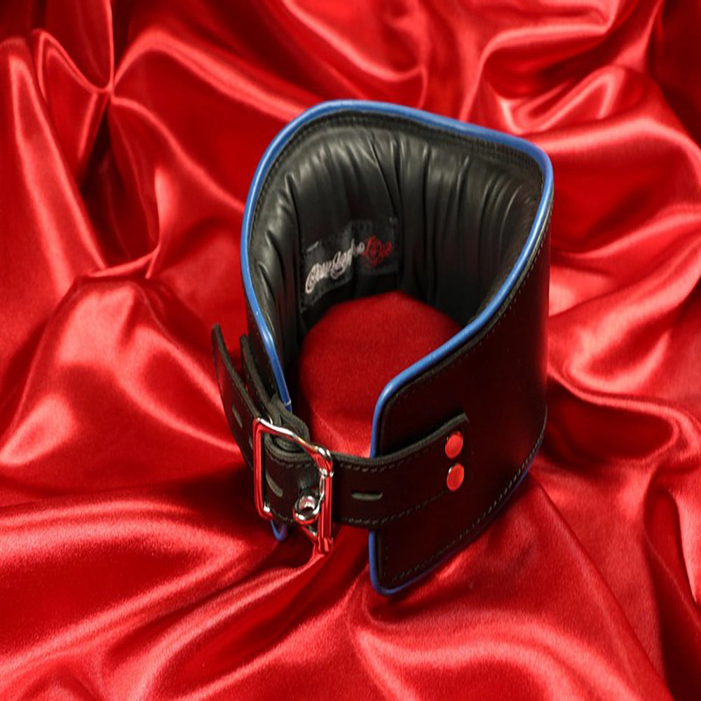 BDSM posture läderhalskrage o-ring svart kant bakifrån produktbild från Chambers of Love