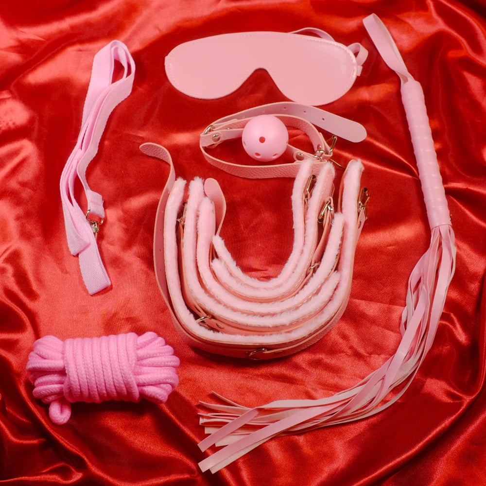 Rosa pälsfodrad BDSM-kit – 7 delar
