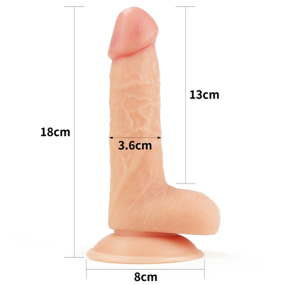 Ultra mjuk dildo DUDE 17,5 cm (7 tum) måttbild – diameter 3,6 cm, inserterbar längd 13 cm, bas 8 cm från Chambers of Love sortiment