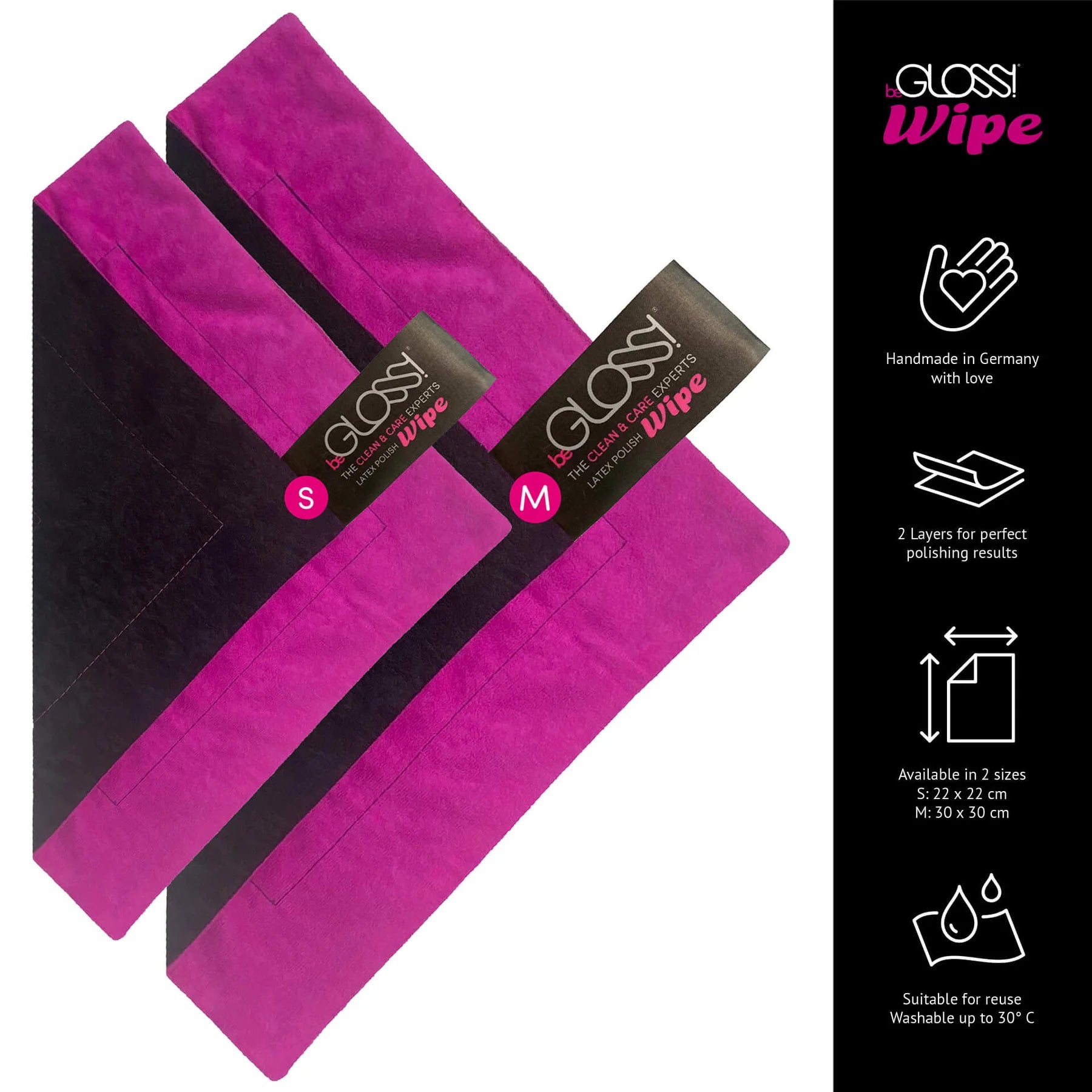 beGLOSS WIPE Perfect Shine Polish Wipe storlekarna Small och Medium sida vid sida, svart och rosa mikrofiberdukar för latexpolering. Från Chambers of Love.