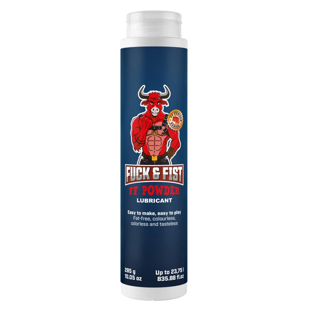 Fuck & Fist FF Powder 285 g – pulverglidmedel som blandas med vatten, flaska med röd tjurillustration hos chambers of Love