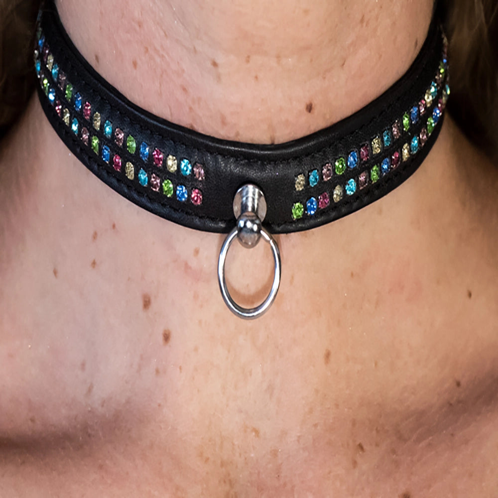 Svart BDSM läder halsband med dubbla kristall rader